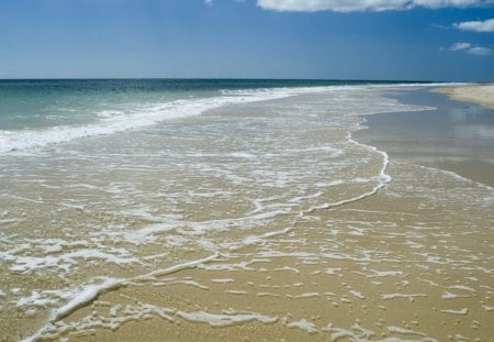 Tropical Beach - ocean, beach, sky, day, water, waves, nature, clouds, tan, blue, tide, sand