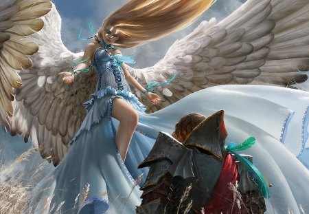 Knight Feathers - armor, woman, angels, blondes, wings, meadows, knight feathers, art