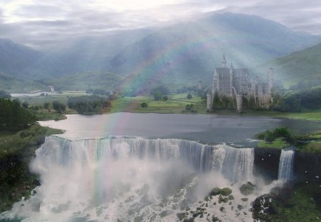 castle falls - waterfalls, trees, hills, rainbow, rocks