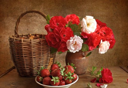 Basket Of Flowers - strawberries, flowers, basket, red