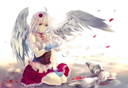 Anime Angel - girl, wings, anime angel, original, fantasy, fantasy angel, pretty, cute angel, anime, rose petals, dress, white hair