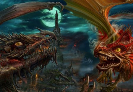 Dragon fight - moon, sky, tale, night, fight, game, red, castle, dragon, land