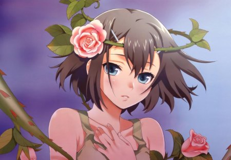 Thorns of sorrow - beauty, thorns, girl, blue eyes, summer, rose, pink, anime, flower, manga