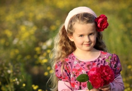 Little flower girl - adorable, hair, field, child, lovely, face, nature, childhood, baby, sweet, flowers, little girl, cute