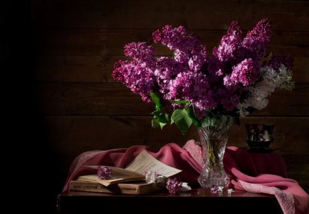 Lilacs - flowers, vase, book, fragrance, table, lilacs, bouquet, still life