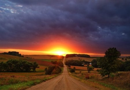 When the sun goes down - clouds, sunset, nature, road, down, sun, sky