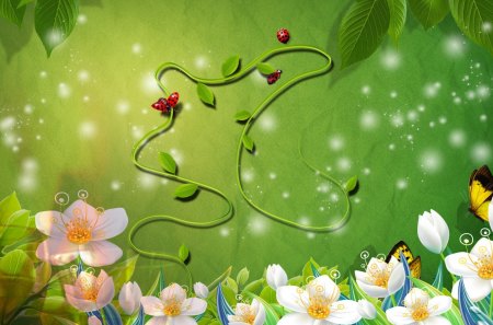 Cool Summer - blooms, sparkle, blossoms, summer, butterflies, ladybug, spring, light, leaves, lady bugs, flowers, glow, vine, green, butterfly, floral