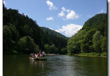 Dunajec, Poland - clouds, trees, water, rivers, mountaineers, boat, poland, dunajec, forests, floating, green, sky