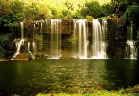 Waterfalls in the Forest - trees, waterfalls, water, rock, grass, forest, river, nature, day, sky