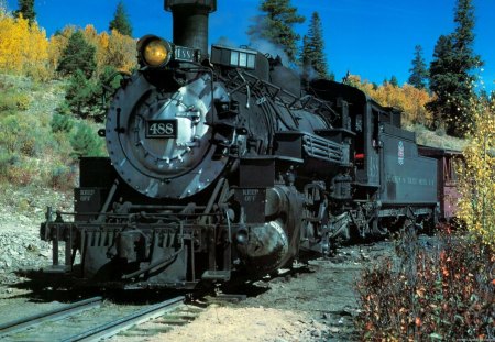 Old Steam Train - hill, sky, trees, dirt, track, steam, iron, nature, train, abstract, weeds, steel, old