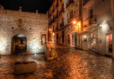 Ibiza street - street, wet, night, ibiza, buildings