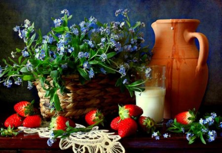 Flowers Forget-Me-Nots i strawberries - strawberries, milk, nots, forget, flowers