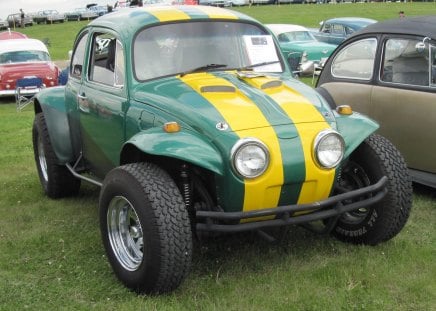 1964 Volkswagen at the car show - tires, yellow, Photography, Headlights, Volkswagen, black, car, green, stripes