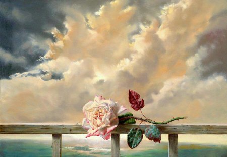 Rose in the Clouds - storm, clouds, railing, white, red, rose, ocean, see