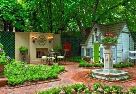 Pretty Courtyard With Tiny House - courtyard, tool, playhouse, brick, tiny, house, garden, little, shed