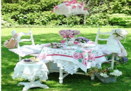 Fancy Garden Tea Party - pretty, grass, tea, pink, party, lunch, dine, garden, girly