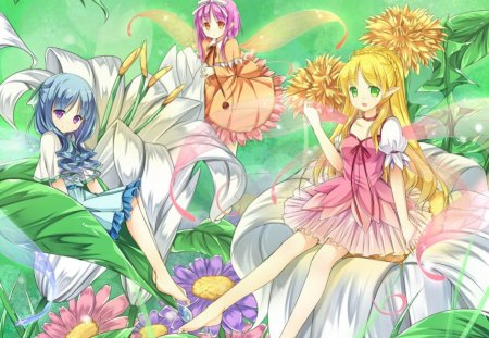 Fairies - girls, nature, long hair, wings, fairies, anime, flowers