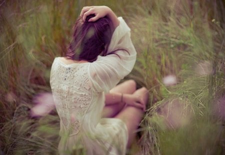 Still thinking about you - dreamer, thinking about you, thoughts, girl, alone, grass, white dress, nature, miss you