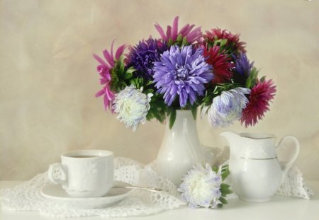 tea time with asters - flowers, tea time, still life, asters