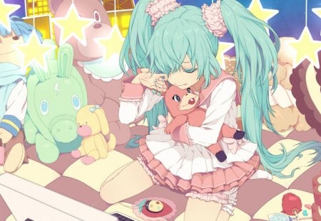 Sad Miku - star, tears, anime, vocaloid, girl, hatsune miku, pink, toy, sweet, manga, blue hair, cake