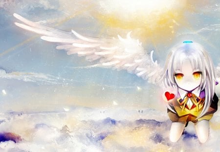 Angel Beats! - Cute, Manga, Sweet, White Hair, Anime Girl, Clouds, Lovely, Heart, Anime, angel beats, Long Hair, tachibana, Emotional, kanade, Angel, Silver Hair, Uniform, Sky, Amazing, Awesome, Wings, Beautiful, Medium Hair, Pretty, White Wings, Gorgeous, Yellow Eyes, Sun