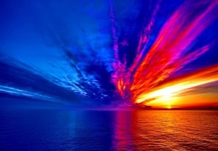 Rays of different colors - clouds, water, beautiful, sea, colors, ocean, reflection, glow, colorful, nature, rainbow, rays, sun, sky