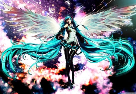 Hatsune Miku - abstract, anime, vocaloid, twin tail, angel, hatsune miku, babe, blue hair, wings, other