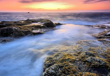 Sunset and Tide - rock, water, flowing, yellow, ocean, sky, bright, orange, sunset, nature, tide, day