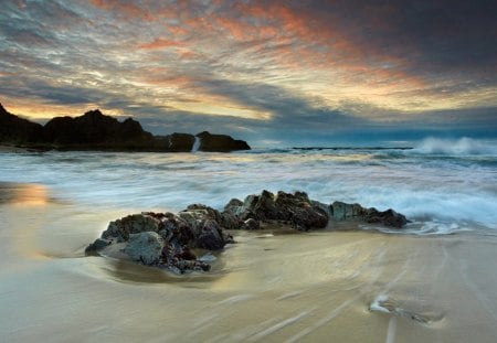 Beach Shore - cliff, rock, beach, ocean, shore, blue, sand, sky, clouds, light, line, sunset, nature