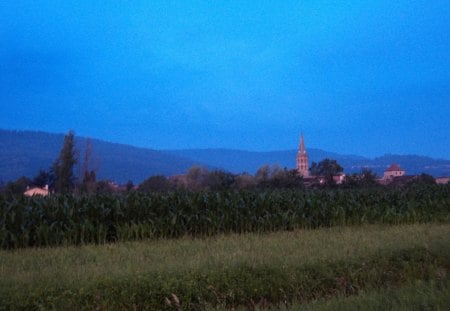 France. - field, sky, church, blue