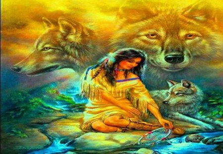 Indian Maiden With Her Guardians - abstract, fantasy, nature, indian, wolves