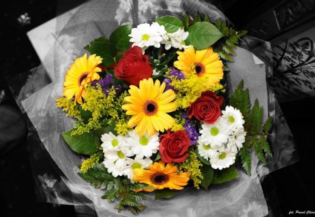 colorful bouquet - wedding, roses, white orange, colorful, bouquet, yellow, gerbera, red, pink, green, flowers