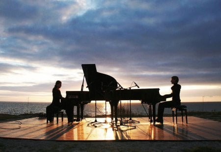 Music in Nature - clouds, piano, music, people, sea