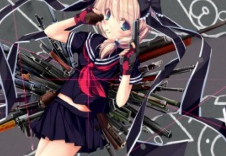 Anime - gun, girl, bow, anime, ribbon