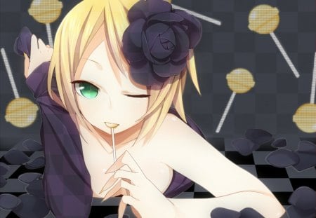 Anime - vocaloid, kagamine rin, grid, anime, lollipop