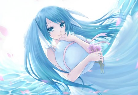 Hatsune Miku - pretty, artistic, twin tail, pink, light, stunning, nice, program, beauty, virtual, cg, wind, white, cute, aqua eyes, song, vocaloid, anime, blue, amazing, twintail, dress, hatsune miku, music, aqua, art, sky, idol, clouds, hat, anime girl, water, beautiful, singer, girl, cool, black, glow, miku, awesome, diva, digital, aqua hair, hatsune, vocaloids