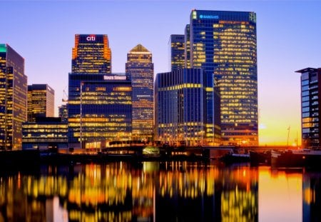 London Canary Wharf - london, night, water, wharf, lights