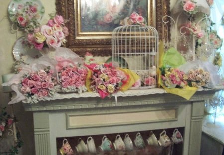 Romantic Fireplace - pretty, roses, romantic, teacups, decorate, pink, interior, fireplace, birdcage