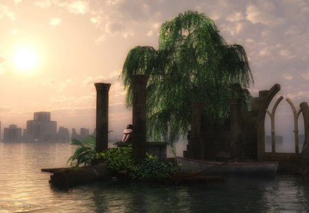 the last land - reflections, sunset, island, child, ruins