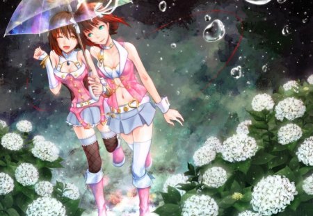 Cute Twins - flowers, girls, twins, rain, orginal