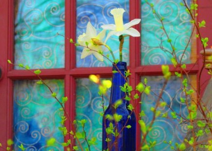 Pretty Window Decoration - pretty, bottle, yellow, blue, window, decorate, flower