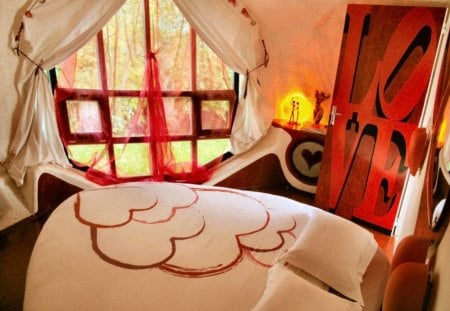 Romantic room - bad, window, lover, love, door, room, hearts, pillow, romantic, couple