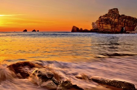 ROCKY BEACH @ SUNSET - arch, beach, sunset, rock, sea, wave