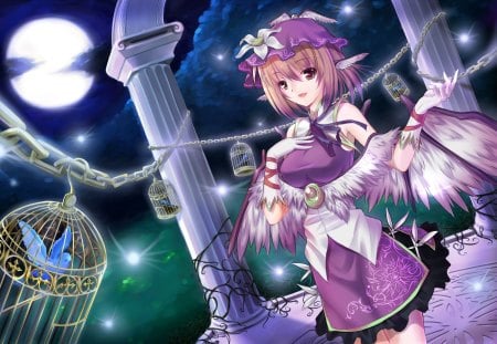 Mystia Lorelei  - female, cap, hot, chain, wings, anime girl, saigyouji yuyuko, brown hair, touhou, head wings, cool, full moon, ribbon, short hair, moon, sexy, night, bird, cage, flower hair, breasts