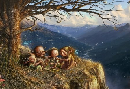 Elves family outing - sky, elves, picnic, fantasy, fantasytree, nature, pretty, clouds, artistic