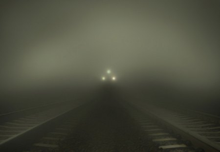 Train from the fog - cg, railway, train, fog