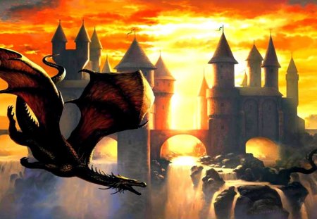 Dragon World - flying, sunset, dragon, castle