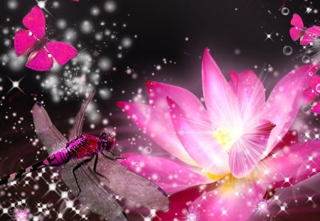 Beautiful in Pink - stars, jewels, shine, glow, bright, butterfly, lotus, dragonfly, water lily, pink, stones, butterflies