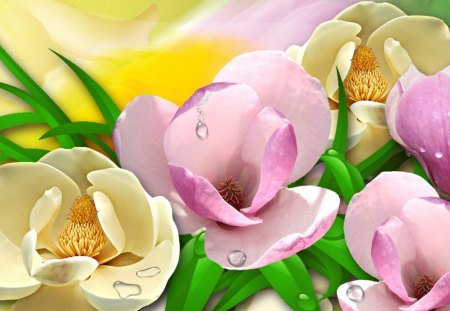 Southern Magnolias - blooms, blossoms, summer, perfect, spring, gold, pink, leaves, flowers, magnolia, soft, south