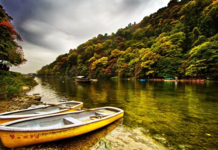 Beautiful landscape - lake, beach, trees, boats, mountains, reflection, clouds, green, sand